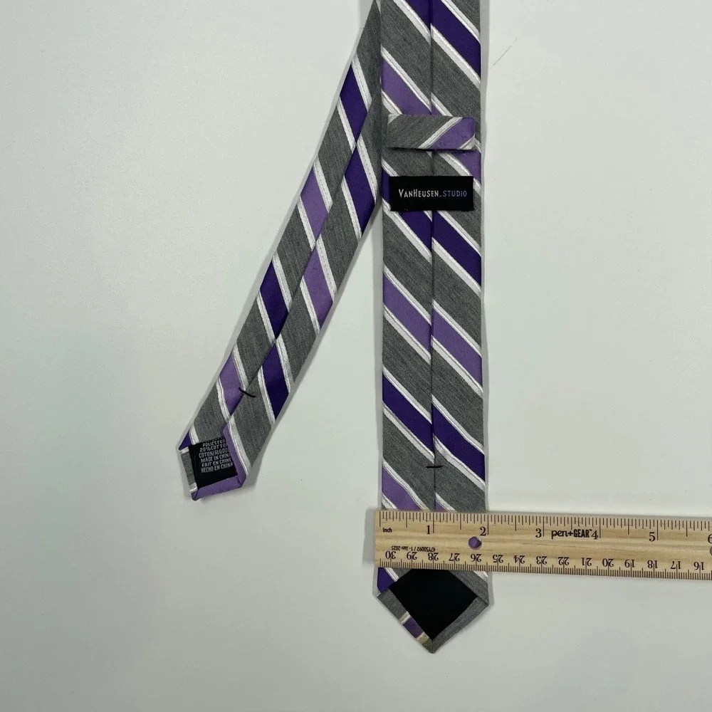 Van Heusen Purple Grey Striped Slim Necktie Mens OSFA